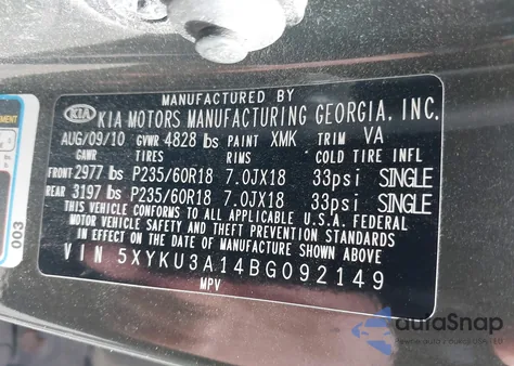 2011 Kia Sorento Ex from USA, damaged, VIN 5XYKU3A14BG092149